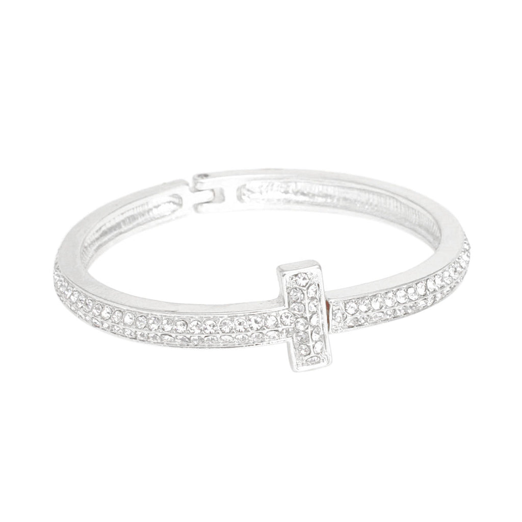 Cuff Silver 2 Row Pave Cross Hinge Bracelet Women