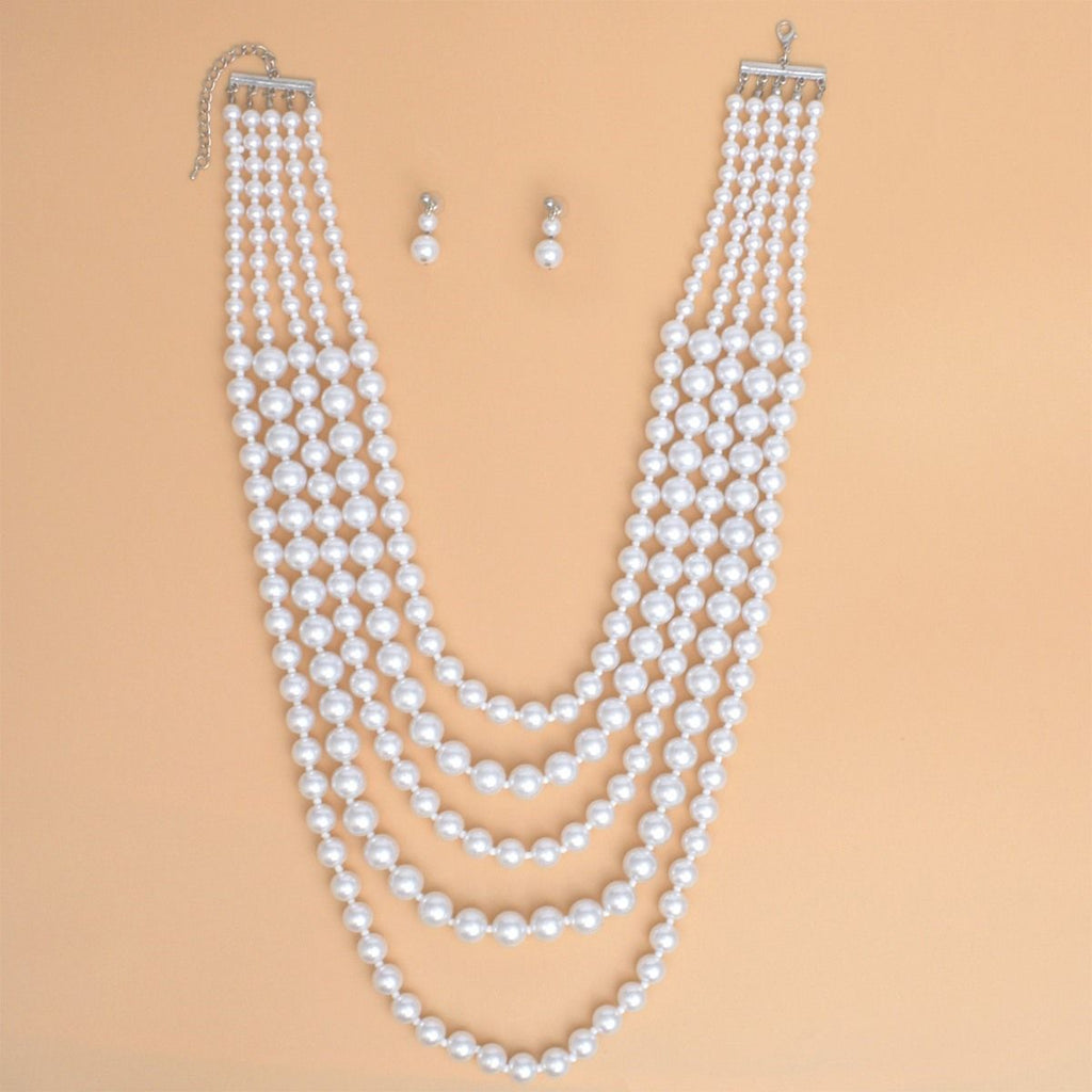 Pearl Long Layered 5 Strand White Necklace Women