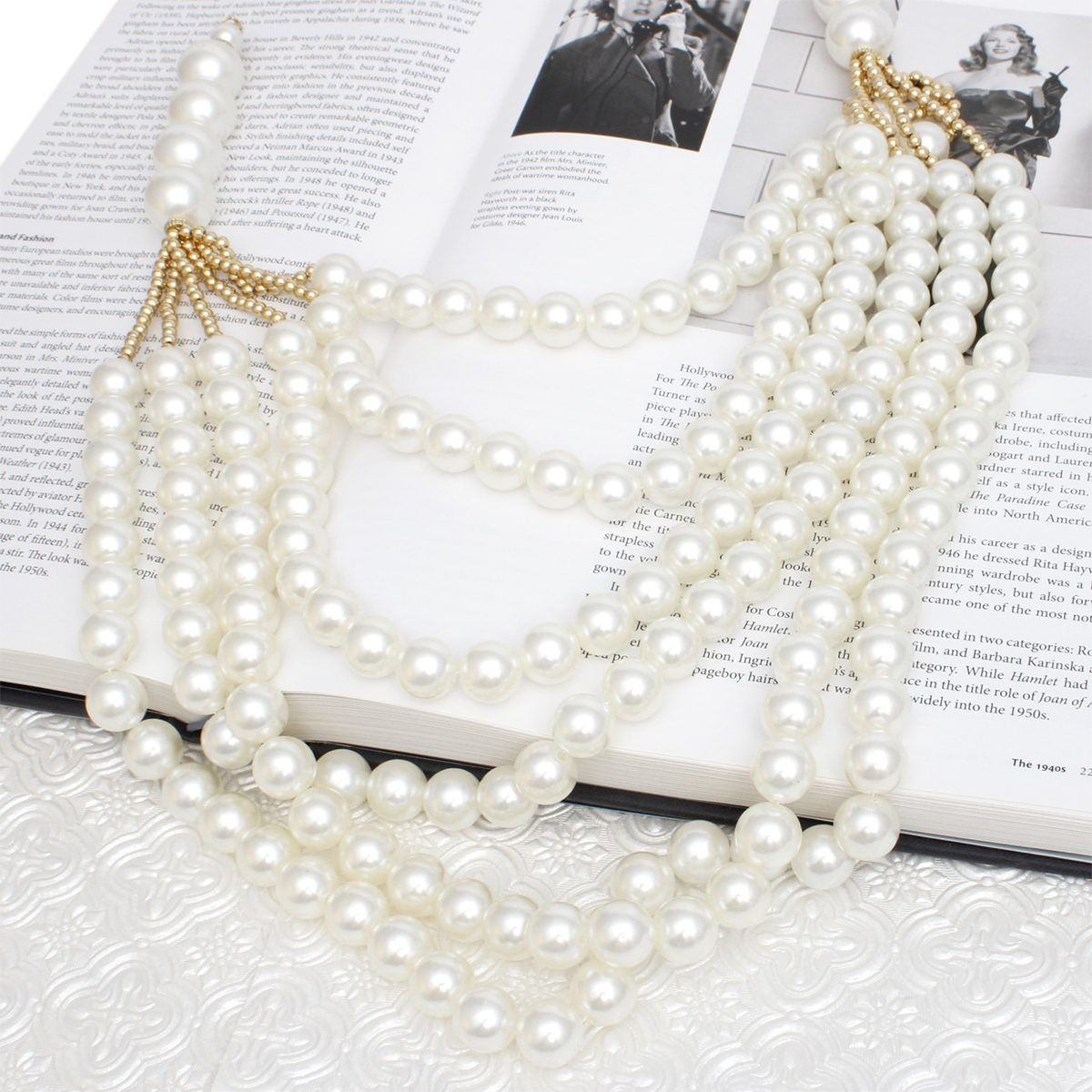 Pearl Long Layer 6 Strand Cream Chunky Necklace