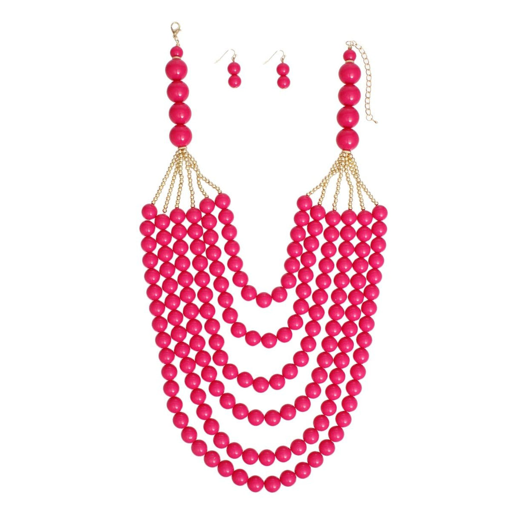Beaded Long Layer 6 Strand Pink Chunky Necklace